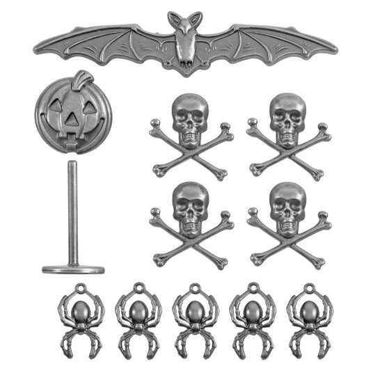 Tim Holtz Idea-Ology - Metal Adornments - Pumpkin Bat Skulls Spiders - 12 Pieces - NEW!