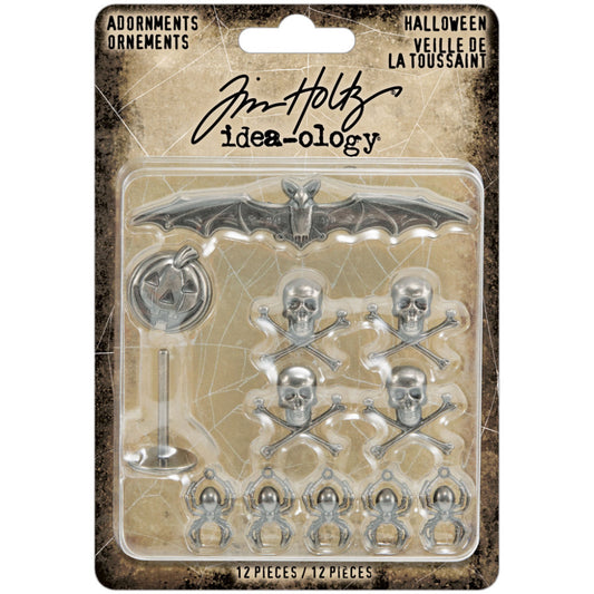 Tim Holtz Idea-Ology - Metal Adornments - Pumpkin Bat Skulls Spiders - 12 Pieces - NEW!