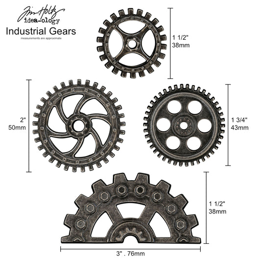 Industrial Gears ... Idea-Ology Adornments by Tim Holtz. Dimensional pewter coloured metal cogs for use for mixed media, decorating books or displays, dioramas, off-the-page crafts, steampunk projects and creative visual arts. Pack of 4 (four) gears, one of each kind. Made by Advantus Corp for Tim Holtz. TH94142 . Sizes vary from 1 1/2" to 3" wide.