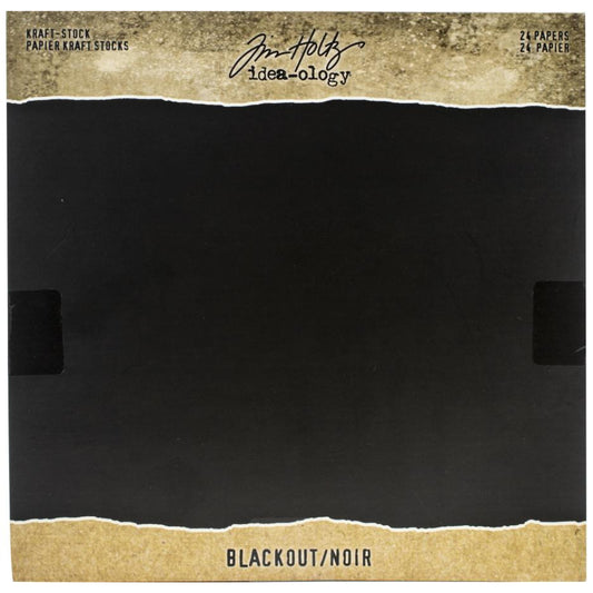 BlackOut - Kraft Stock ... Idea-Ology Paper by Tim Holtz. Sheets of textured black cardstock that can be sanded or altered to reveal the Kraft (natural brown) core. 24 Sheets, each 8"x8" (204mm x 204mm). These versatile sheets of Tim Holtz cardstock have a warm black textured surface with a solid Kraft Core through to the back (black one side, kraft (brown) the other). When sanded, ripped, torn, distressed, embossed (to give a raised surface) and then sanded, the natural colour of Kraft Core is revealed.