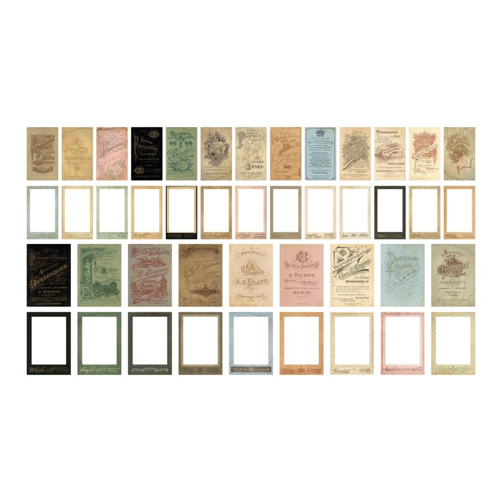 Photo Studio, Layers ... by Tim Holtz Idea-Ology - Printed frames and bases made of cardstock with satin finish, featuring vintage labels on rectangular frames and bases. 44 (forty four) pieces (22 frames, 22 bases in 2 basic sizes, 2 3/4" x 4" and 3 1/2" x 5"), one of each design. printed backdrops and frames with designs featuring advertising, stationery and packaging labels in a variety of vintage colour tones. Use to create unique artwork, making cards, displaying photos, making art. TH94374