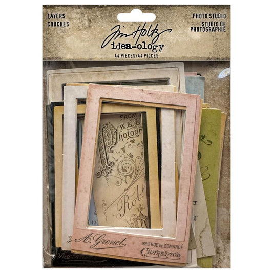 Photo Studio, Layers ... by Tim Holtz Idea-Ology - Printed frames and bases made of cardstock with satin finish, featuring vintage labels on rectangular frames and bases. 44 (forty four) pieces (22 frames, 22 bases in 2 basic sizes, 2 3/4" x 4" and 3 1/2" x 5"), one of each design. printed backdrops and frames with designs featuring advertising, stationery and packaging labels in a variety of vintage colour tones. Use to create unique artwork, making cards, displaying photos, making art. TH94374