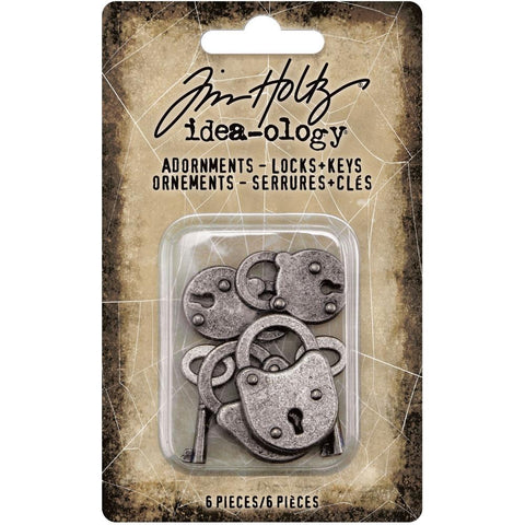 Locks and Keys ... Idea-Ology Adornments by Tim Holtz. 4 (four) padlocks and 2 (two) keys made of metal, used for mixed media, decorating ornaments, home decor makes and visual arts.