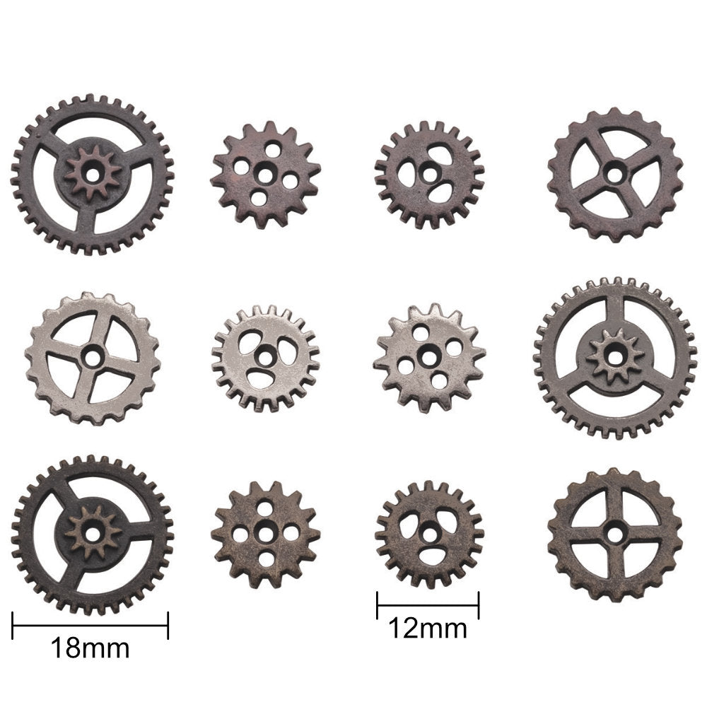 Mini Gears ... Idea-Ology Adornments by Tim Holtz. 12 (twelve) tiny cogs made of metal, used for mixed media, decorating ornaments, home decor makes, steampunk projects and visual arts. This pack of high quality metal cogs and gears are finished in 3 (three) different antique colours - iron, copper, pewter. Ideal for all kinds of excuses to create - sculpture, mixed media, clocks, boxes and frames, adding to steampunk hats, making into interactive cards or frames, and much more.