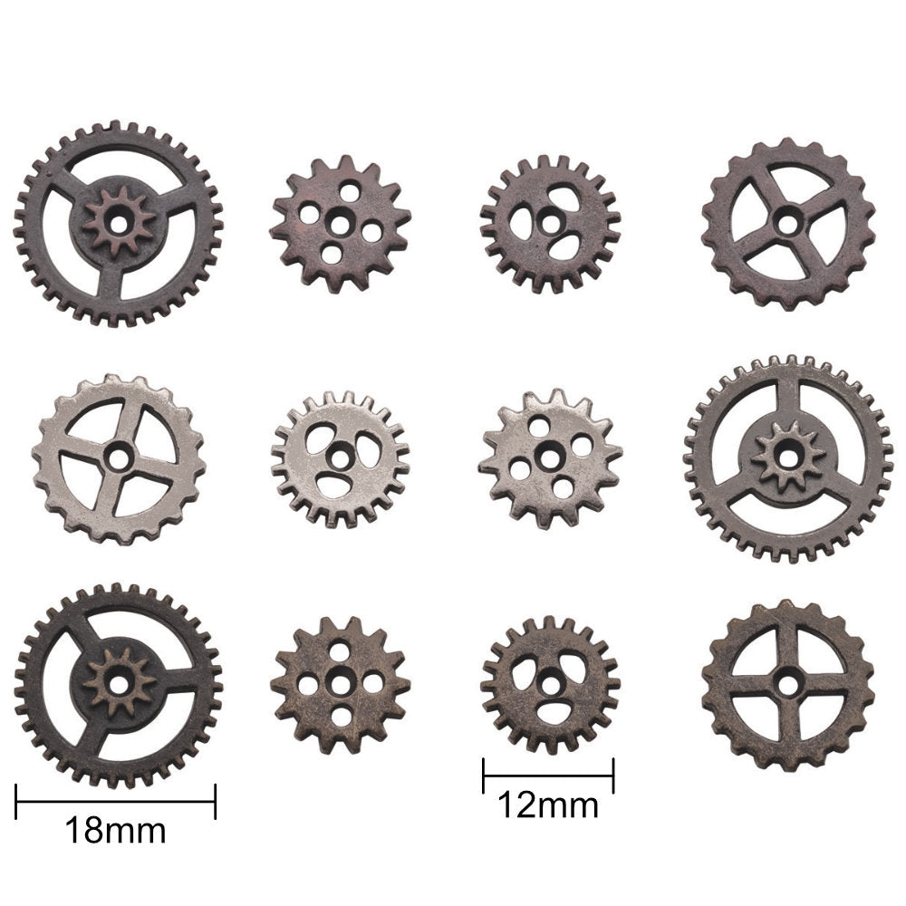 Mini Gears ... Idea-Ology Adornments by Tim Holtz. 12 (twelve) tiny cogs made of metal, used for mixed media, decorating ornaments, home decor makes, steampunk projects and visual arts.  This pack of high quality metal cogs and gears are finished in 3 (three) different antique colours - iron, copper, pewter. Ideal for all kinds of excuses to create - sculpture, mixed media, clocks, boxes and frames, adding to steampunk hats, making into interactive cards or frames, and much more.