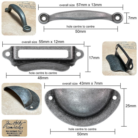 Mini Hardware Pulls ... Idea-Ology by Tim Holtz ... beautifully crafted and durable, these metal handles are small versions of the real thing, perfect for boxes, trays, panels, drawers, cupboards, book covers, as decoration or as handles. Pack of 3 (three) pieces, one of each style in a silver colour. TH93685 . Inspired by real handles from antique and vintage drawers, file cabinets and cupboards, these metal hardware pulls are ideal to use for both visual arts and small furniture making. Photo of sizes
