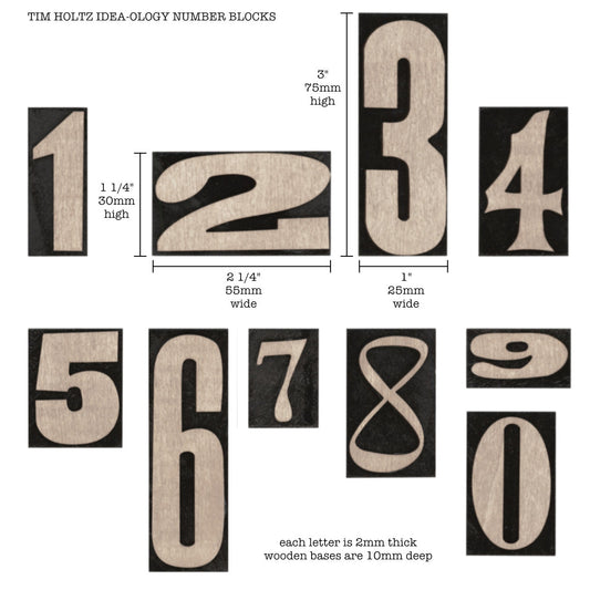 Number Blocks ... Idea-Ology by Tim Holtz - 10 (ten) numbers made from thin layers of natural timber on stained wooden bases for use in creating off the page creations or mixed media projects. Numbers 0 to 9 in various sizes (one of each).  Wooden blocks with the numbers 0 to 9 in assorted sizes are perfect for creating gifts, assemblage, displays, frames, dimensional collage and mixed media projects. Photo showing the sizes. TH94037