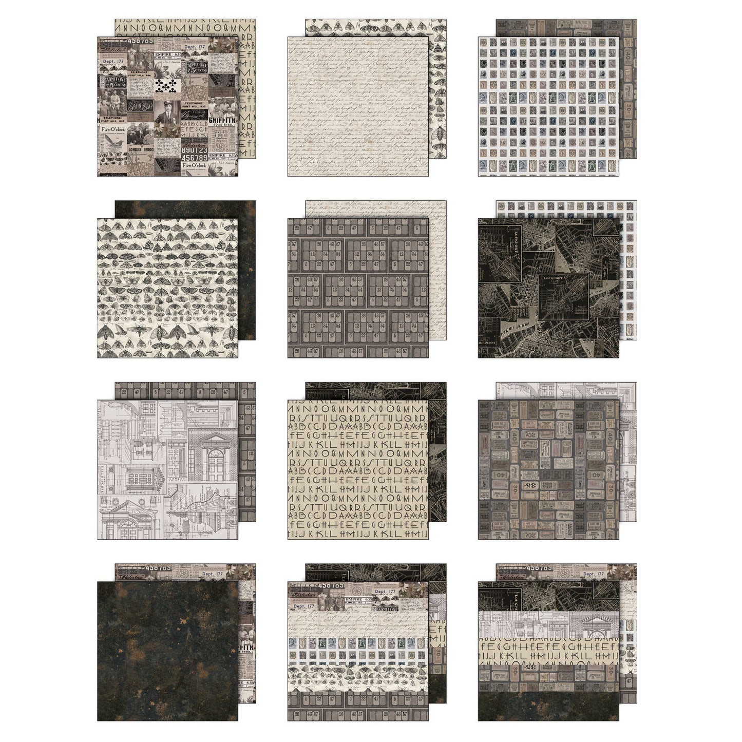 Charcoal toned designs in this pack include designs in a variety of greys, from pale to dar. almost black - designs include moths, architecture, tickets, birds, people, animals, alphabets, maps, wallpaper, a gorgeous Earthy abstract background, and more. This Idea-Ology scrapbooking paper is full of beautiful designs from the Tim Holtz Palette Paper Collection, double sided vintage imagery for papercrafts.