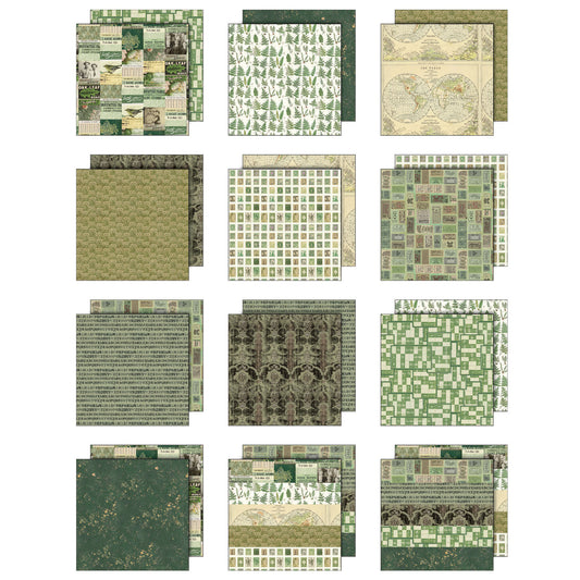 overview of the Green Tim Holtz Idea-Ology Palette Paper Collection ... printed with nostalgic patterns and vintage imagery, double sided, smooth matte finish to use for papercrafts, scrapbooking, junk journaling, cardmaking, collecting, sharing, using to make smiles! Green toned designs (from sage to a dark forest green) in this pack include fern foliage, map of the world, tickets, postage stamps, birds, vintage wallpaper, distressed backgrounds, a few quotes and more.