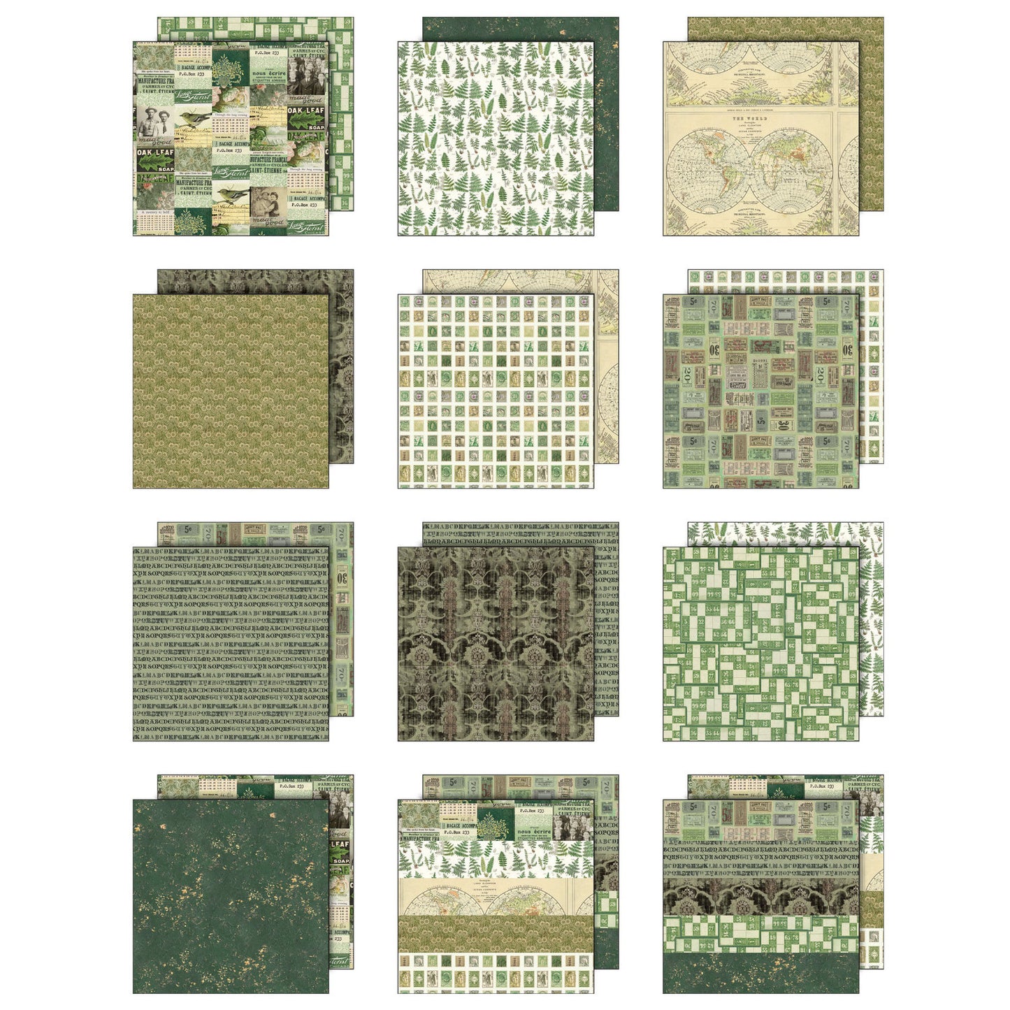 overview of the Green Tim Holtz Idea-Ology Palette Paper Collection ... printed with nostalgic patterns and vintage imagery, double sided, smooth matte finish to use for papercrafts, scrapbooking, junk journaling, cardmaking, collecting, sharing, using to make smiles! Green toned designs (from sage to a dark forest green) in this pack include fern foliage, map of the world, tickets, postage stamps, birds, vintage wallpaper, distressed backgrounds, a few quotes and more.