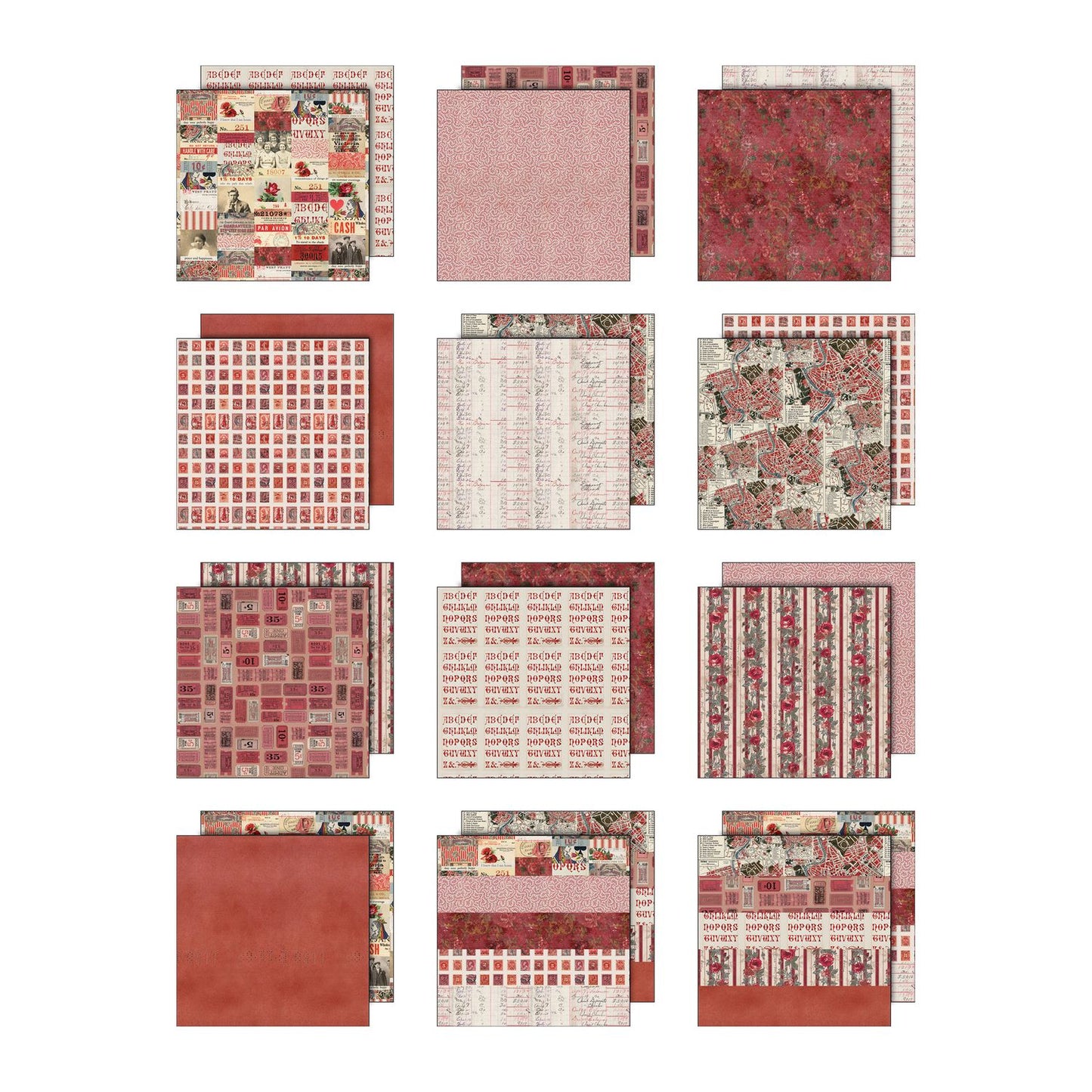 Red - Palette Designer Scrapbooking Papercraft Paper - Tim Holtz Idea-Ology Collection - red printed designs in this pack includes postage stamps, bookkeeping stationery and ledgers, maps, found relatives, tickets, words and short phrases, vintage finds, hearts, stripes, scarlet roses and other crimson flowers. Packs of 12 (twelve) loose sheets available in 2 sizes, 8x8inch or 12x12inch.
