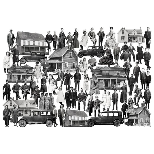 Paper Dolls - Poses, Layers ... by Tim Holtz Idea-Ology - Printed cardstock featuring vintage photographs printed in black and white. 62 (sixty two) pieces in a variety of sizes and shapes, one of each design.  Tim Holtz Paper Dolls in a gathering of people and things with new faces and beautiful old buildings and cars, or rather, automobiles. Use to create unique artwork, making cards, displaying photos, using as collage fodder, memorabilia and adding onto your marvellous makes. TH94376