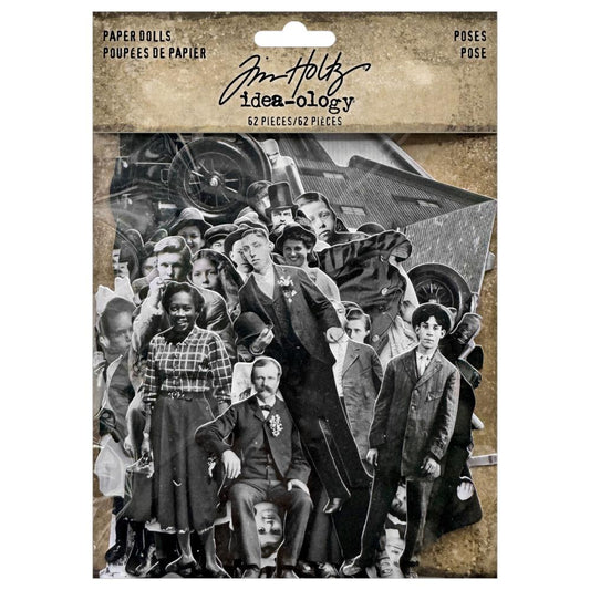 Paper Dolls - Poses, Layers ... by Tim Holtz Idea-Ology - Printed cardstock featuring vintage photographs printed in black and white. 62 (sixty two) pieces in a variety of sizes and shapes, one of each design.  Tim Holtz Paper Dolls in a gathering of people and things with new faces and beautiful old buildings and cars, or rather, automobiles. Use to create unique artwork, making cards, displaying photos, using as collage fodder, memorabilia and adding onto your marvellous makes. TH94376
