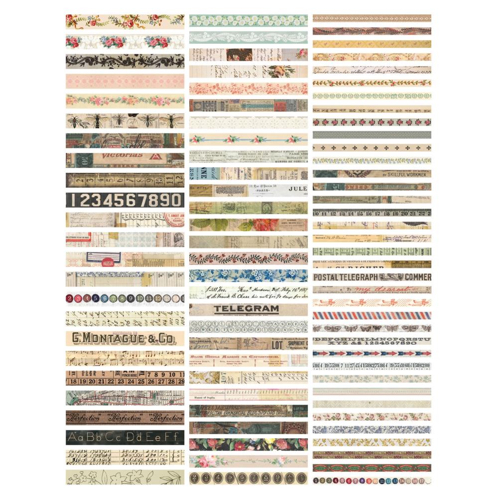 overview of Paper Strips ... by Tim Holtz Idea-Ology - Printed ephemera featuring vintage designs on ready to use lengths of paper in various widths. 89 (eighty nine) pieces in a variety of sizes, one of each design. Tim Holtz Idea-Ology printed papers are die cut and ready to use to create unique artwork, making cards, displaying photos, using as collage fodder, memorabilia and adding onto your marvellous makes. TH94377