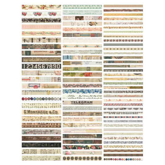 overview of Idea-Ology Paper Strips by Tim Holtz - Printed ephemera featuring vintage designs on ready to use in visual arts and papercrafts. 89 (eighty nine) pieces in a variety of sizes, one of each design in sizes from 9mm wide to 19mm wide, with lengths all 15cm long (6" long).  Tim Holtz Idea-Ology printed papers are die cut and ready to use to create unique artwork, making cards, displaying photos, using as collage fodder, memorabilia and adding onto your marvellous makes. TH94377