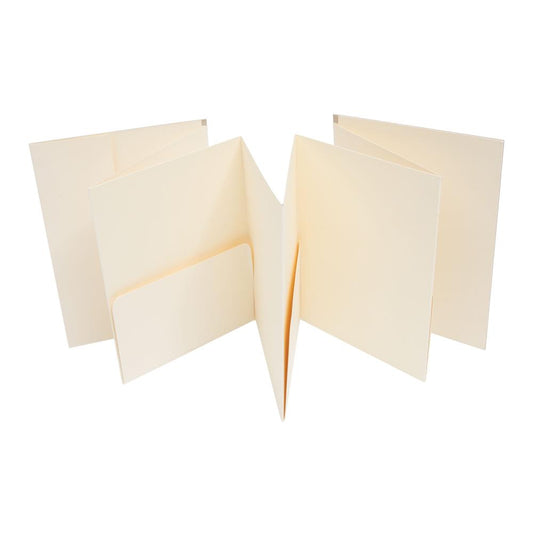 an open view of Pocket Folio ... by Tim Holtz Idea-Ology - 1 (one) prefolded folder made of creamy white blank cardstock with fabric tie, to make into an interactive junk journal, memory album or fun keepsake. TH94378. The pages are a concertina or accordion style with pockets and a length of creamy fabric to use as a tie. for your next mixed-media make or addition to a scrapbooking page with all the flip out elements, ideal for storing and or displaying collage fodder, memorabilia, photos.