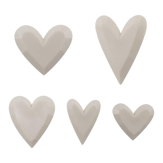 overview of Salvaged Hearts - Idea-Ology Resin Models by Tim Holtz ... 5 (five) dimensional faceted hearts made of creamy white resin, ready for altering and using in mixed media, home decor and visual arts.   Tim's Salvaged Hearts are fantastic to turn into flowers, use as flower centres, turn into bodies of mermaids, make faux chocolates, add to cards, frames or Vignette displays, altered with metallics using inks or leaf, use however you wish. TH94380