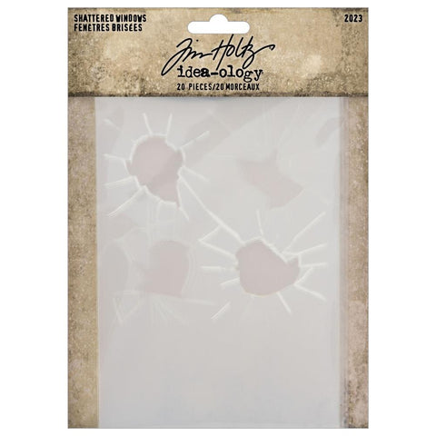 Shattered Windows ... Idea-Ology Layers by Tim Holtz ... two styles of transparent layers designed to look like broken glass. Each rectangle sheet of clear acetate has jagged holes cut out and crazing or cracked markings printed in white. Ideal embellishments for decorations, mixed media, cardmaking, papercraft, scrapbooking and visual arts. 20 (twenty) pieces, 5 1/2" x 4" wide, 10 (ten) of each design. TH94325