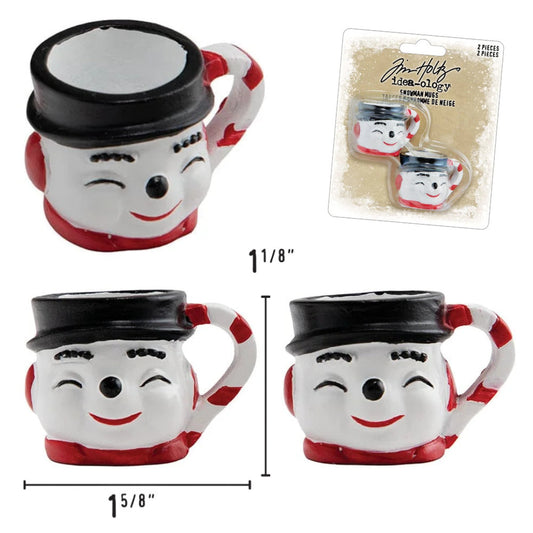 Snowman Mugs - Idea-Ology Resin Models ... by Tim Holtz - Miniature 1 1/8" high dimensional Frosty the Snowman styled character mugs made of resin for decor, assemblage projects, diorama, off-the-page marvels and party decor. Pack of 2 (two) mugs. Each mug is shaped into the smiling face of a snowman with black hat, red scarf, and a red-white striped handle. Image with measurements. TH94501