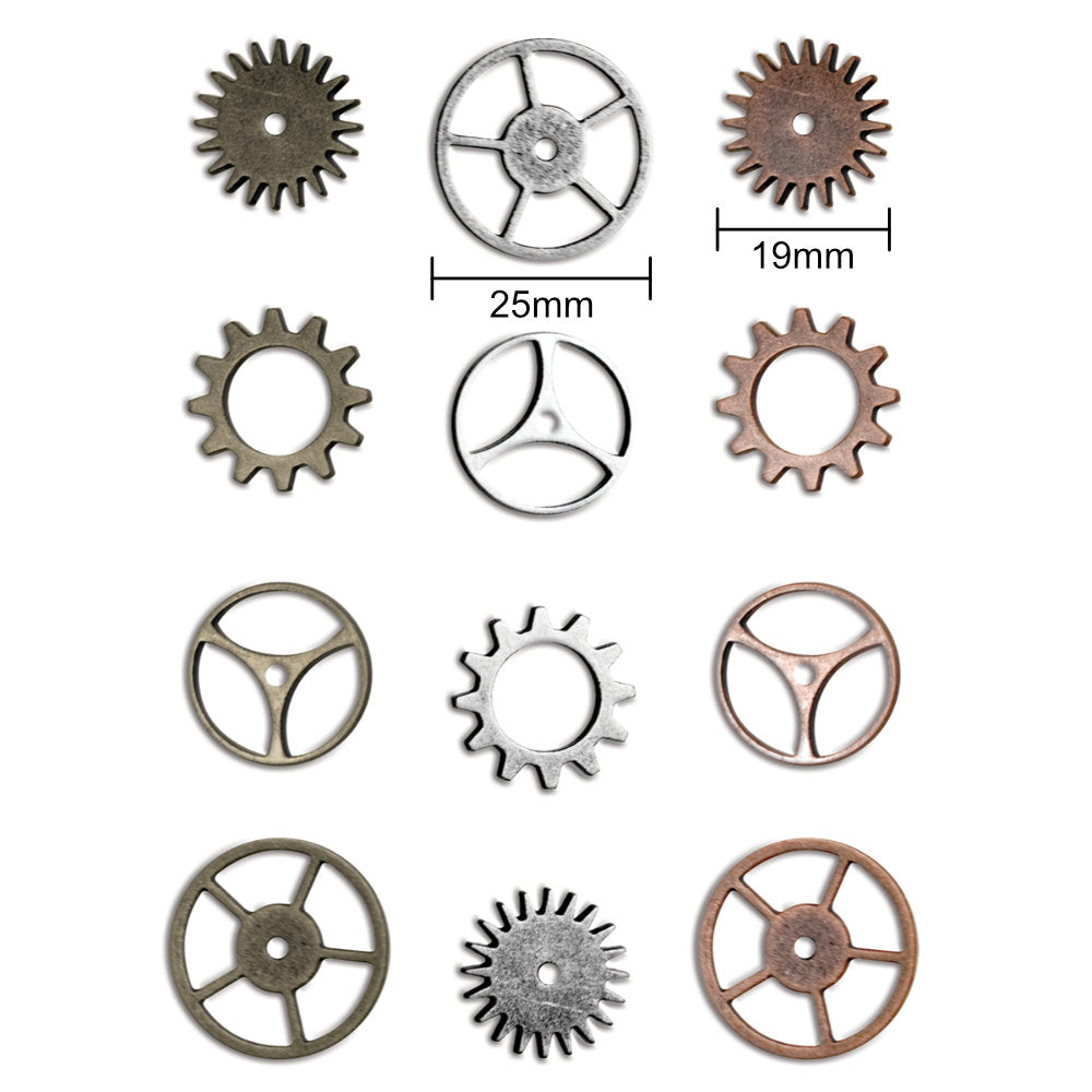 Sprocket Gears ... Idea-Ology Adornments by Tim Holtz. 12 (twelve) small sprockets, gears and cogs made of metal, used for mixed media, decorating ornaments, home decor makes, steampunk projects and visual arts. This pack of high quality metal cogs and gears are finished in 3 (three) different antique colours - iron, copper, pewter. TH92691. Photo showing dimensions.