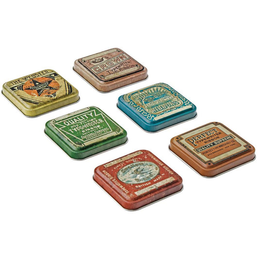 Tin Tops ... Idea-Ology by Tim Holtz - vintage style advertising labels on 2" x 2" x 1/4" deep square tin lids, to use as embellishments for home decor, display makes, visual arts and mixed media crafts. 6 (six) lids, one of each design. TH94128. Add these unique embellishments to greeting cards, off the page masterpieces (like boxes, frames and display pieces), covers of books (journals, scrapbooks, memory albums), on a mixed media canvas, sculpture, visual arts. Photo of the sides.