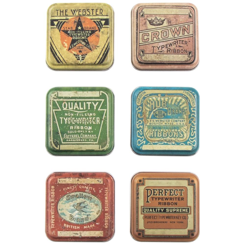 Tin Tops ... Idea-Ology by Tim Holtz - vintage style advertising labels on 2" x 2" x 1/4" deep square tin lids, to use as embellishments for home decor, display makes, visual arts and mixed media crafts. 6 (six) lids, one of each design. TH94128. Add these unique embellishments to greeting cards, off the page masterpieces (like boxes, frames and display pieces), covers of books (journals, scrapbooks, memory albums), on a mixed media canvas, sculpture, 3D project or other visual arts creations.