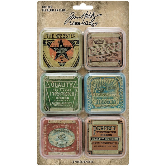 Tin Tops ... Idea-Ology by Tim Holtz - vintage style advertising labels on 2" x 2" x 1/4" deep square tin lids, to use as embellishments for home decor, display makes, visual arts and mixed media crafts. 6 (six) lids, one of each design. TH94128. Add these unique embellishments to greeting cards, off the page masterpieces (like boxes, frames and display pieces), covers of books (journals, scrapbooks, memory albums), on a mixed media canvas, sculpture, 3D project or other visual arts creations.