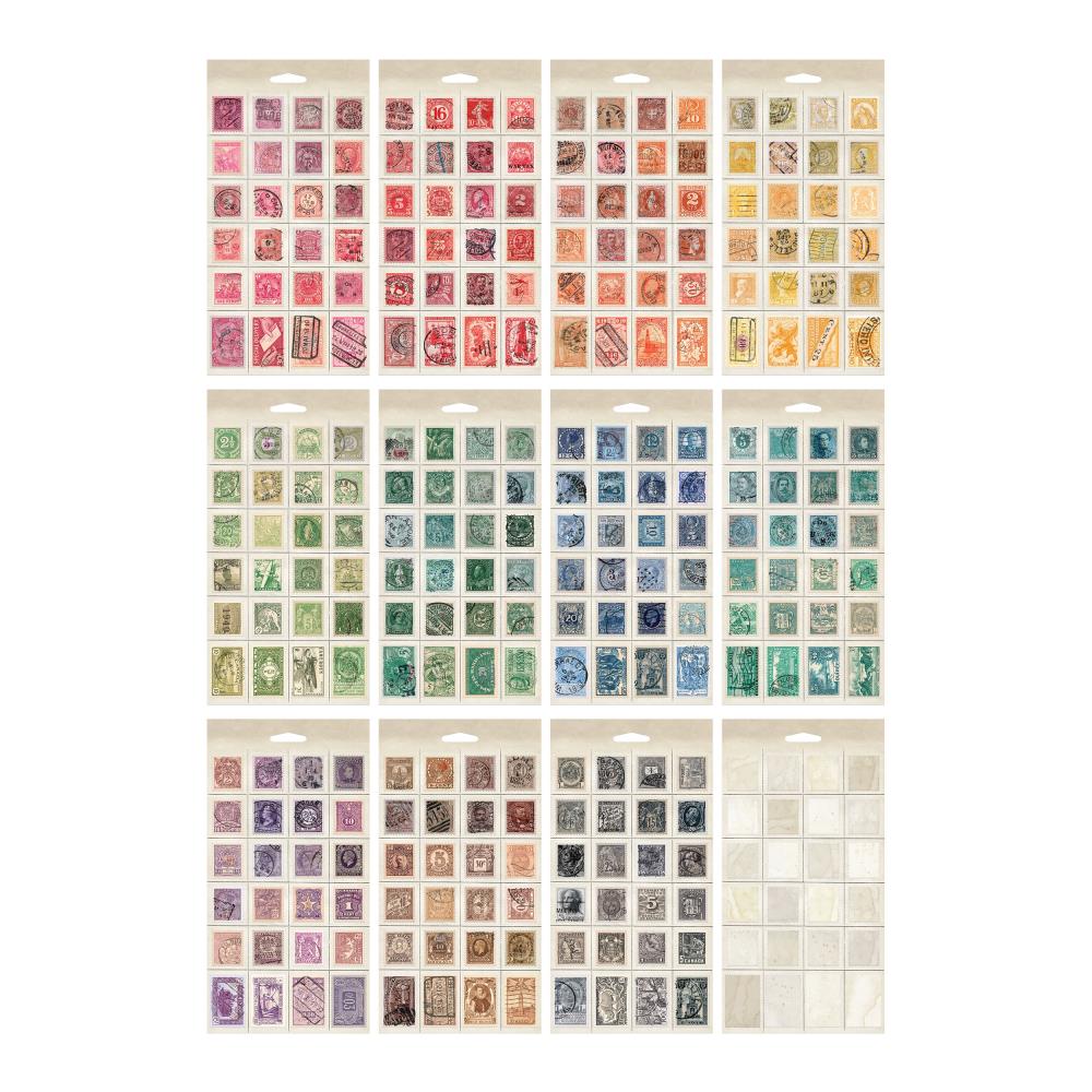 Postmarked, Sticker Book ... by Tim Holtz Idea-Ology - Adhesive backed printed vintage postage stamps from all over the world in a wide variety of colours, each die cut with realistic stamp edging and imprinted with nostalgic postmarks. Spiral bound sticker book with 12 (twelve) sheets, 288 stickers in a spiral bound booklet. Designs include portraits of people, airplanes, lions, places, coats of arms, maps, horses, elephants, rhinoceros, scenery, and so much more. TH94387