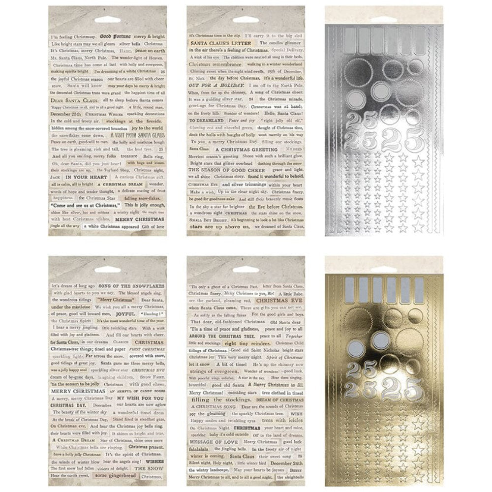 Traditional, Sticker Book ... by Tim Holtz Idea-Ology - A wonderful selection of ready to use adhesive backed labels, words, numbers, stars, festive sayings and Christmas greetings. 4 sheets are in neutral colours, 2 sheets are in a metallic finish, gold and silver. Perfect for party decor, papercrafts, mixed media, cardmaking, assemblage projects, scrapbooking, journaling and visual arts. 6 pages with 458 stickers in assorted sizes and designs. TH94503