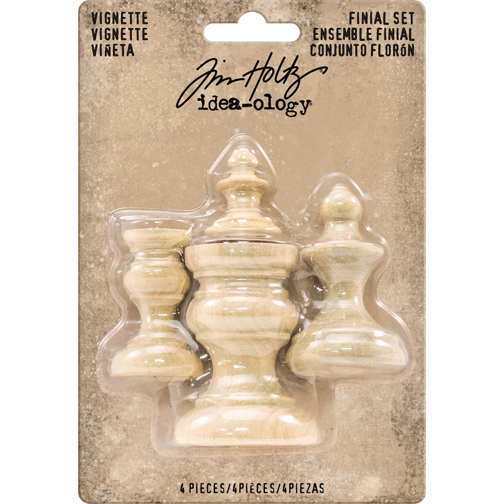 Vignette Finial Set - Idea-Ology Wooden Models by Tim Holtz ... 4 (four) pieces of machine turned, natural unstained wooden stands and toppers. Ready for use in seasonal decorations, mixed media, display boxes, frames and visual arts. These urn stands and box toppers are beautifully turned wooden pieces to use with the rest of the Idea-Ology and Etcetera arty treasures by Tim Holtz. Use to create faux concrete stands, moss covered rocky statues or other pieces of artwork, sculpted visual arts.