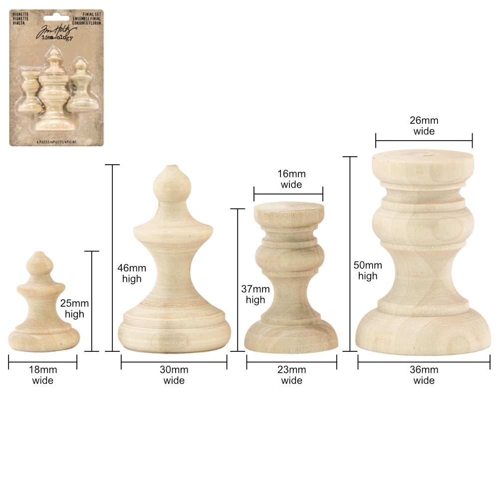 Sizes of Vignette Finial Set - Idea-Ology Wooden Models by Tim Holtz ... 4 (four) pieces of machine turned, natural unstained wooden stands and toppers. Ready for use in seasonal decorations, mixed media, display boxes, frames and visual arts. These urn stands and box toppers are beautifully turned wooden pieces to use with the rest of the Idea-Ology and Etcetera arty treasures by Tim Holtz. Use to create faux concrete stands, moss covered rocky statues or other pieces of artwork, sculpted visual arts.