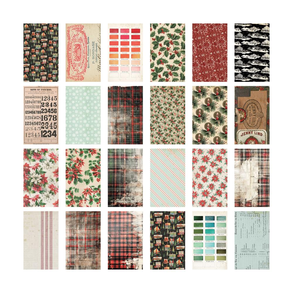 Backdrops, Christmas 2024 - Idea-Ology by Tim Holtz ... a wonderful eclectic collection of papers printed on both sides with memorabilia papers inspired by all things festive and celebrated during December. 24 sheets, each 6"x10". TH94406. Photo of the one side of the papers.