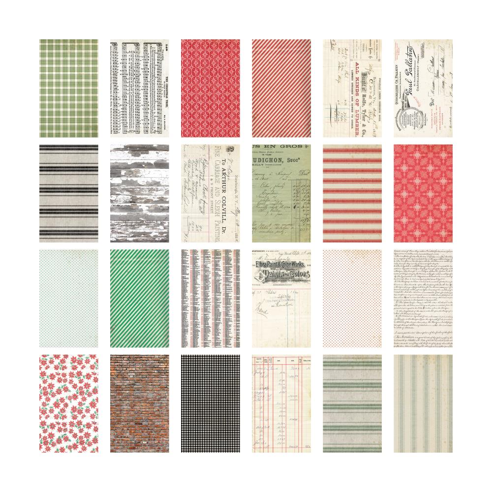Backdrops, Christmas 2024 - Idea-Ology by Tim Holtz ... a wonderful eclectic collection of papers printed on both sides with memorabilia papers inspired by all things festive and celebrated during December. 24 sheets, each 6"x10". TH94406. Photo of the one side of the papers.