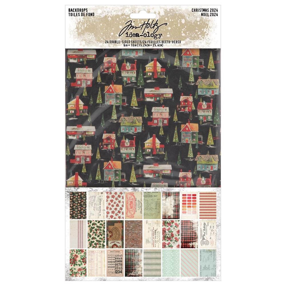 Backdrops, Christmas 2024 - Idea-Ology by Tim Holtz ... a wonderful eclectic collection of papers printed on both sides with memorabilia papers inspired by all things festive and celebrated during December. 24 sheets, each 6"x10". TH94406. Photo of the packaging.