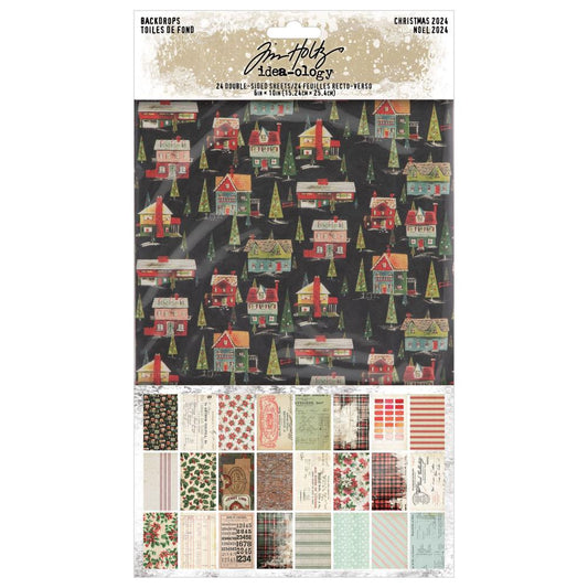 Backdrops, Christmas 2024 - Idea-Ology by Tim Holtz ... a wonderful eclectic collection of papers printed on both sides with memorabilia papers inspired by all things festive and celebrated during December. 24 sheets, each  6"x10". TH94406. Photo of the packaging.