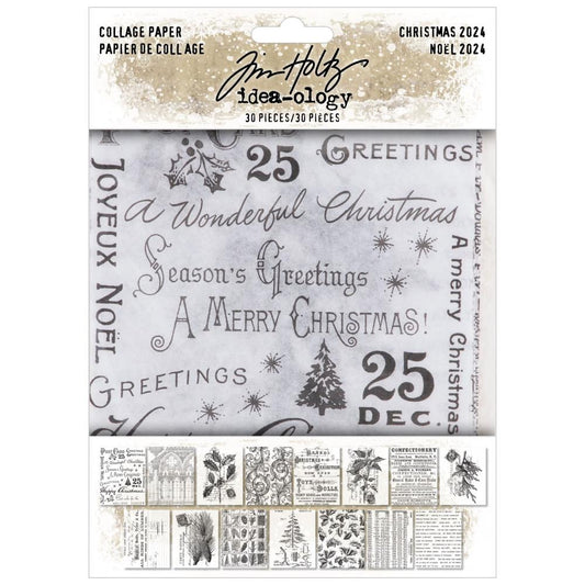 Christmas - Collage Paper ... by Tim Holtz Idea-Ology - Fine white semi-translucent tissue paper with 15 designs printed in black. Use for layering into collage, cardmaking, scrapbooking, journaling, mixed media and other papercrafts and visual arts. 30 (thirty) sheets, 15 (fifteen) designs (2 of each), sheet size is 4 5/8" x 6". TH94409.