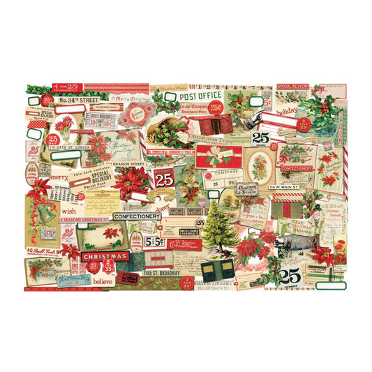 Christmas Ephemera ... by Tim Holtz Idea-Ology - 140 pieces of die cut ready to use, vintage frames, labels, illustrations, memorabilia and salvaged finds for journaling, junk journals, books, scrapbooking, mixed media, cardmaking and other visual creative arts. TH94411
A beautiful selection of vintage inspired designs featuring pine trees, book covers, scenes, labels, words, numbers, holly and other foliage, lace, pictures of ribbon wrapped boxes, tags and so much more.