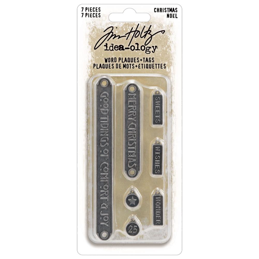 Tim Holtz Idea-Ology - Metal Word Plaques and Tags - Christmas - 7 Pieces