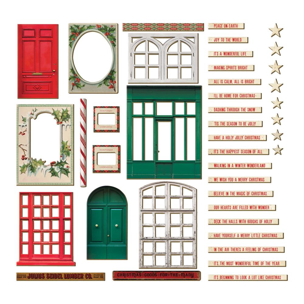 image for the Christmas Baseboards and Transparencies ... by Tim Holtz Idea-Ology - Baseboards are a sturdy cardstock printed and die cut into the style of vintage doors, windows, message labels. Transparencies are clear acetate printed with vintage style leadlight window finishes. Ideal for party decor, papercrafts, mixed media, cardmaking, assemblage projects, scrapbooking, journaling and visual arts. 45 (forty five) pieces.