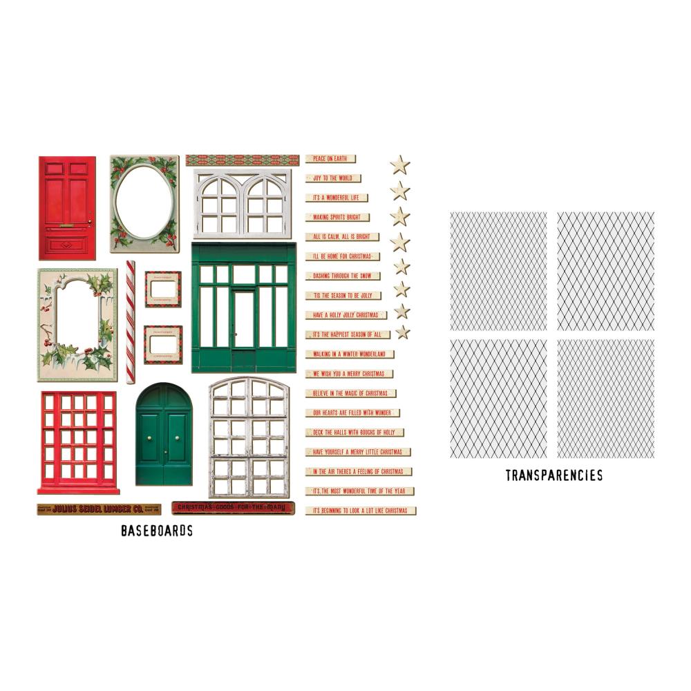 overview of Christmas Baseboards and Transparencies ... by Tim Holtz Idea-Ology - Baseboards are a sturdy cardstock printed and die cut into the style of vintage doors, windows, message labels. Transparencies are clear acetate printed with vintage style leadlight window finishes. Ideal for party decor, papercrafts, mixed media, cardmaking, assemblage projects, scrapbooking, journaling and visual arts. 45 (forty five) pieces. 