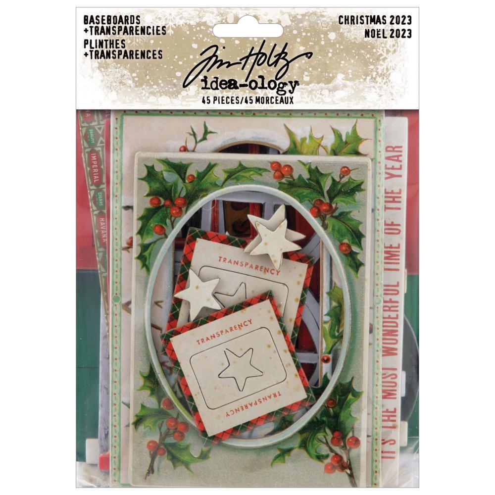Christmas Baseboards and Transparencies ... by Tim Holtz Idea-Ology - A wonderful seasonal selection of frames, stars, holly, windows, a green door, rectangle printed transparencies, strips of kind messages and much more. Perfect for party decor, papercrafts, mixed media, cardmaking, assemblage projects, scrapbooking, journaling and visual arts. 45 (forty five) pieces.