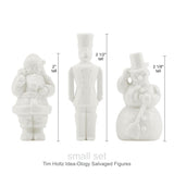 Salvaged Santa Claus, Tin Soldier and Snowman - Small, 2" and 2 1/2" tall - Idea-Ology Resin Models by Tim Holtz ... 3 miniature characters made of white resin, 1 of each design. Sizes (small set) : Santa stands 2" tall, soldier is 2 1/2" tall, snowman is 2 1/8" tall. Their flat base enables them to stand up by themselves. One of each character. Designed by Tim Holtz, made by Advantus Corp for the Idea-Ology range. TH94359