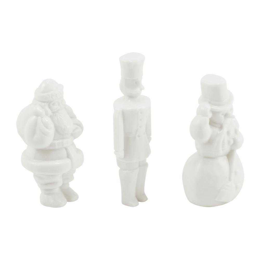 Salvaged Santa Claus, Tin Soldier and Snowman - Small, 2" and 2 1/2" tall - Idea-Ology Resin Models by Tim Holtz ... 3 miniature characters made of white resin, 1 of each design. Sizes (small set) : Santa stands 2" tall, soldier is 2 1/2" tall, snowman is 2 1/8" tall. Their flat base enables them to stand up by themselves. One of each character. Designed by Tim Holtz, made by Advantus Corp for the Idea-Ology range. TH94359