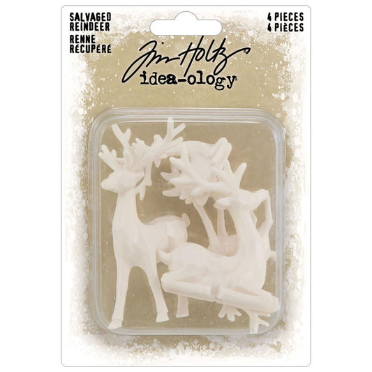 Salvaged Reindeer - Idea-Ology Resin Models by Tim Holtz ... 4 miniature reindeer in white resin, two standing, two lying down. 1 of each size in each design.   These beautiful little reindeer (stags, deer) are 3-dimensional models of miniature deer. Sizes (approx) : large standing stag is 3" tall, large sitting stag is 2" high, small standing stag is 2" tall, small sitting stag is 1 1/4" high. Well balanced, each are able to display by themselves without falling over. 