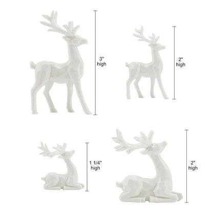 Salvaged Reindeer - Idea-Ology Resin Models by Tim Holtz ... 4 miniature reindeer in white resin, two standing, two lying down. 1 of each size in each design. These beautiful little reindeer (stags, deer) are 3-dimensional models of miniature deer. Sizes (approx) : large standing stag is 3" tall, large sitting stag is 2" high, small standing stag is 2" tall, small sitting stag is 1 1/4" high. Well balanced, each are able to display by themselves without falling over.