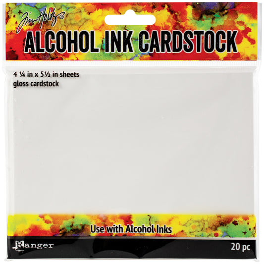 White Gloss Cardstock, Alcohol Ink Cardstock ... Tim Holtz and Ranger - Ideal for Mixed Media and Alcohol Ink creativity. A bright white paper, gloss finish on the front, uncoated on the back, medium weight, 4 1/4" x 5 1/2" in size. 20 (twenty) sheets.