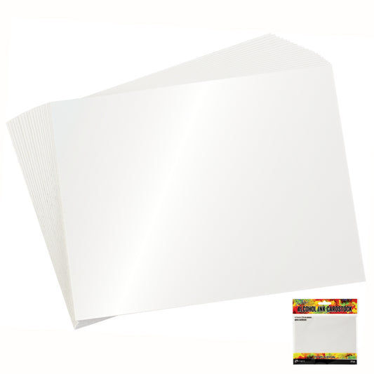White Gloss Cardstock, Alcohol Ink Cardstock ... Tim Holtz and Ranger - Ideal for Mixed Media and Alcohol Ink creativity. A bright white paper, gloss finish on the front, uncoated on the back, medium weight, 4 1/4" x 5 1/2" in size. 20 (twenty) sheets. Example of fanned paper.