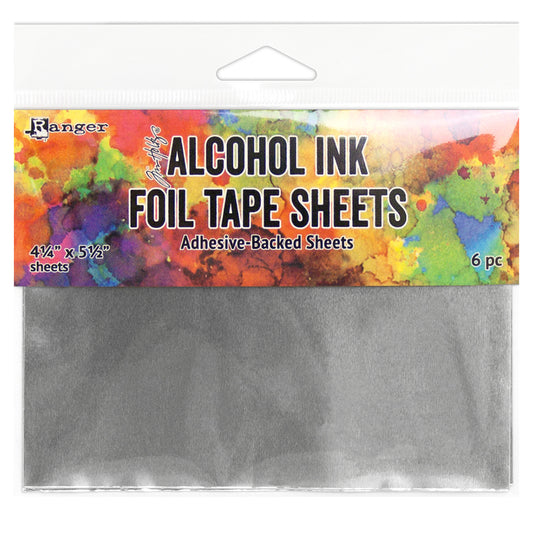 Foil Tape Sheets - by Tim Holtz and Ranger ... adhesive backed, thin silver coloured metal foil for embossing, cardmaking, die cutting, mixed media and creative papercrafts. 6 (six) sheets, 4 1/4" x 5 1/2" (108mm x 139mm) in size. Alcohol Ink Foil Tape Sheets are rectangle precut sheets of silver metal foil with a smooth reflective finish which can be coloured with alcohol inks, altered using Distress texture pastes, shaped with embossing folders, marked with scoring tools, and easily cut. TAC58533