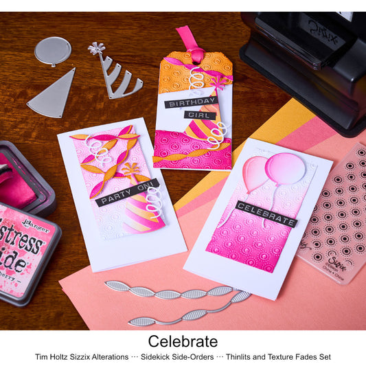 Celebrate - Sidekick SideOrder Set ... by Tim Holtz, made by Sizzix - Thinlits Die Cutting Templates and Texture Fades Embossing Folder for use in mixed media, planners, journaling, cardmaking, scrapbooking and papercrafts (no.666861). Set includes 8 (eight) dies, 1 embossing folder. Add these wonderful and versatile designs of party hat, streamers and balloons along with layers of 3D sparkly spots to your art. Example of use.