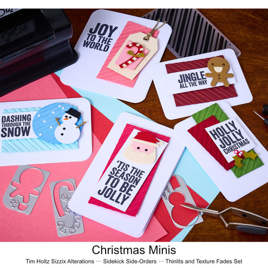 Christmas Minis - Sidekick SideOrder Set ... by Tim Holtz, made by Sizzix - Thinlits Die Cutting Templates and Texture Fades Embossing Folder for use in mixed media, planners, journaling, cardmaking, scrapbooking and papercrafts (no.666863). Set includes 5 (five) dies, 1 embossing folder. Add these wonderful and versatile designs of Santa's face, snowman, holly with berries, smiley gingerbread man and candycane to your artwork. Example of cards.